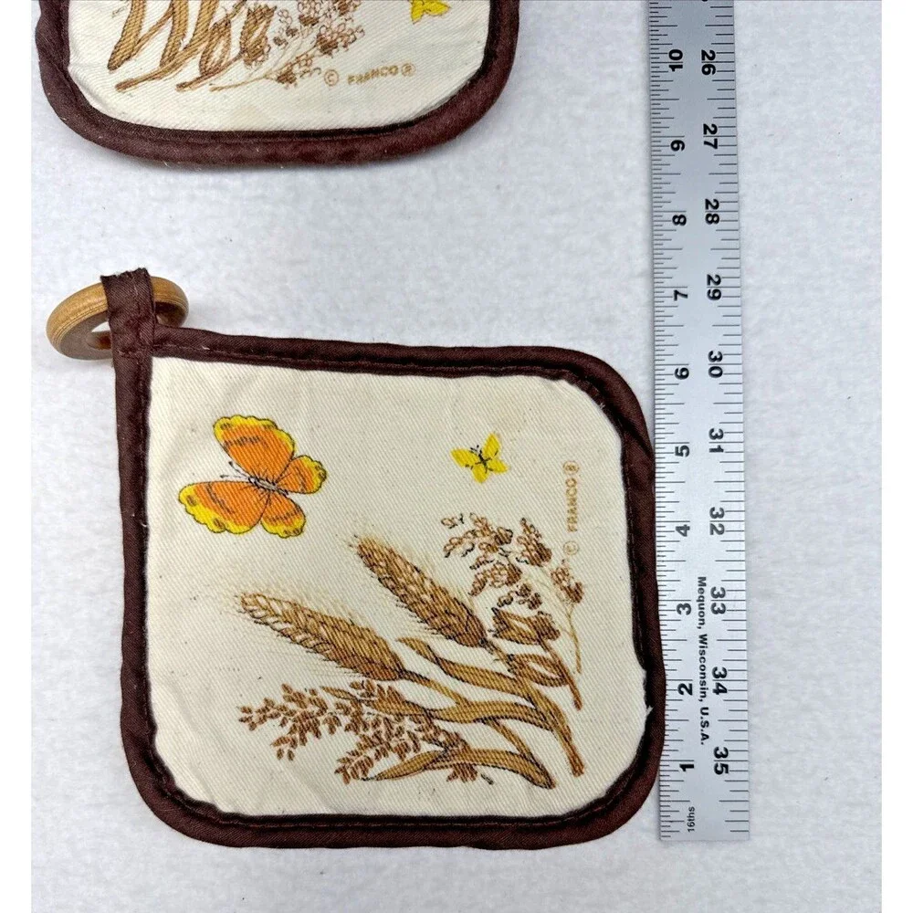 Franco Vintage 70s Potholders Set 2 Wheat Butterfly Hot Pads Retro Kitchen